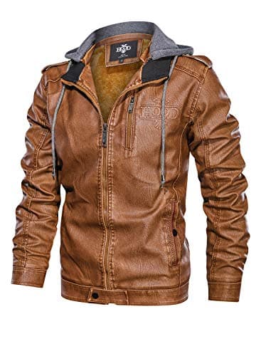 HOOD CREW Men's Faux Leather Zip-Up Motorcycle Jacket with Removable Hood