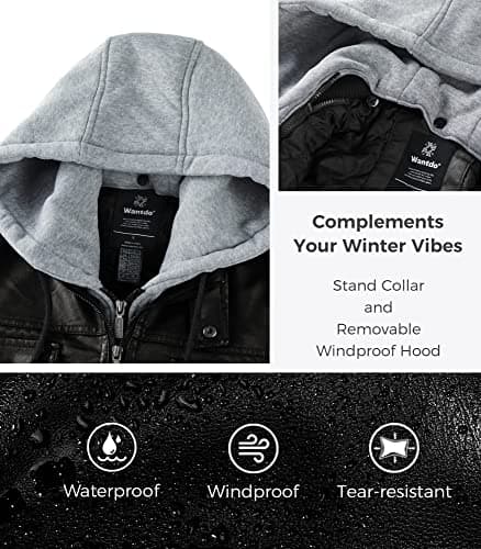wantdo Men's Windproof Faux Leather Motorcycle Bomber Jacket Slim Fit Winter Coat