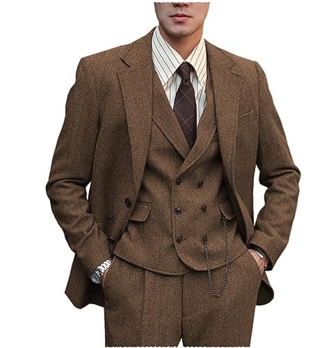 Tuikayoo Mens Formal Tweed Wool 3 Piece Slim Fit Suit Prom Tuxedo Groomsmen