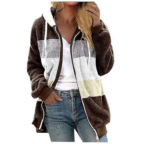 YMADREIG Women's Soft Fleece Sherpa Hooded Winter Jacket Color Block Pockets