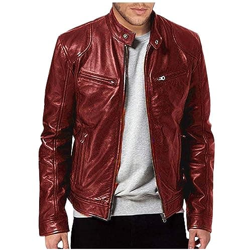 Black Mens Leather Motorcycle Jacket Lightweight Slim Fit Bomber Coat