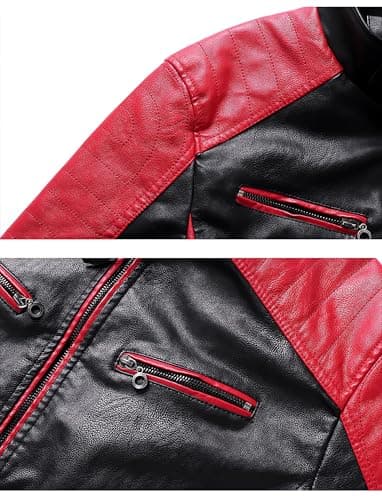 Mens Lightweight Color Block Faux Leather Racing Jacket Stand Collar