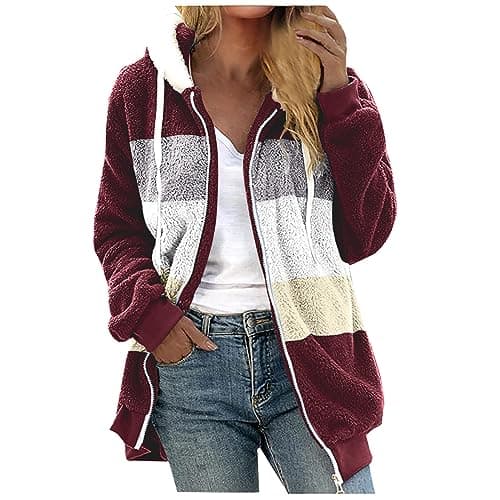 YMADREIG Women's Soft Fleece Sherpa Hooded Winter Jacket Color Block Pockets