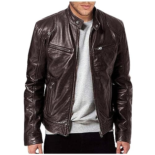 Black Mens Leather Motorcycle Jacket Lightweight Slim Fit Bomber Coat