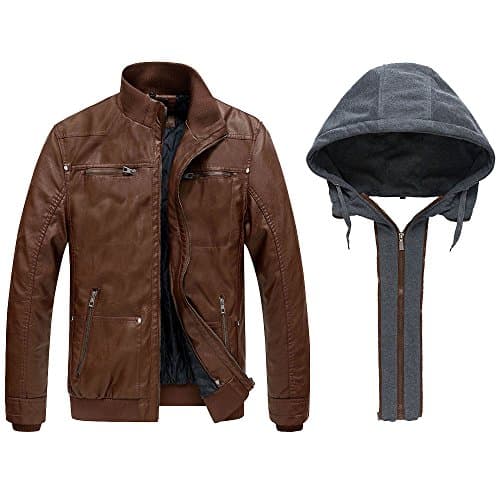 WantDo Men's Faux Leather Motorcycle Jacket with Hood Casual Winter Coat