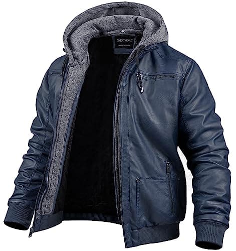 Men's Faux Leather Motorcycle Jacket with Removable Hood