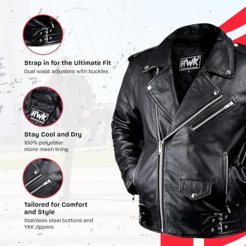 HWK Genuine Leather Motorcycle Jacket with Armor for Men