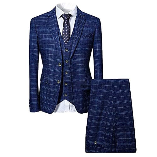 Cloudstyle Men's Slim Fit Checked Blue/Black Single Breasted Vintage Suit