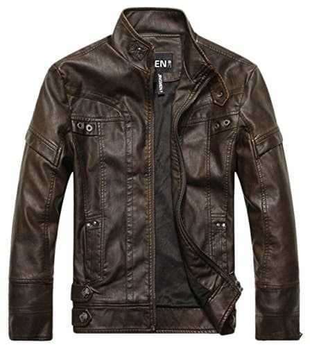 Chouyetou Men's Vintage Stand Collar PU Leather Jacket