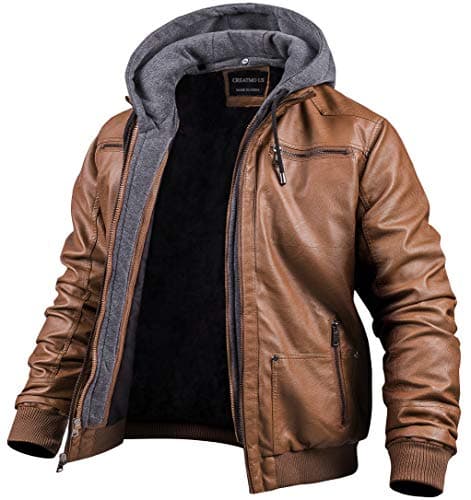 Men's Faux Leather Motorcycle Jacket with Removable Hood