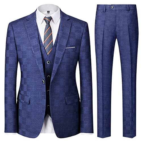 KUDMOL Mens Vintage Plaid Suit 3-Piece Casual Tuxedo for Weddings and Business Parties