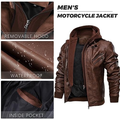JYG Men's Faux Leather Stand Collar Motorcycle Bomber Jacket with Removable Hood