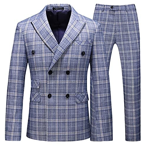 KUDORO Mens Slim Fit Double Breasted Plaid Suit Jacket-Vest Pants Set