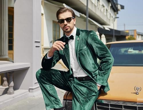 MAGE Mens Velvet Tuxedo Suit Set Slim Fit 2-Piece Party Jacket Pants