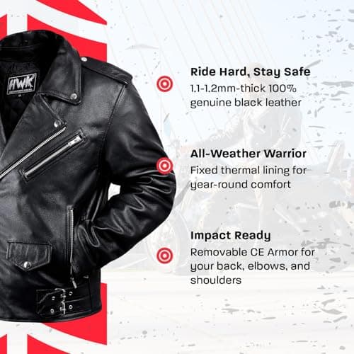 HWK Genuine Leather Motorcycle Jacket with Armor for Men