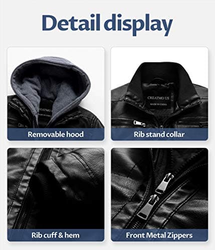Men's Faux Leather Motorcycle Jacket with Removable Hood