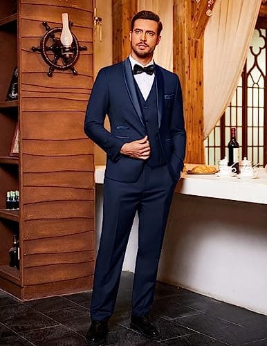 COOFANDY Men's Slim Fit Tuxedo Suit 3-Piece Set with Tie