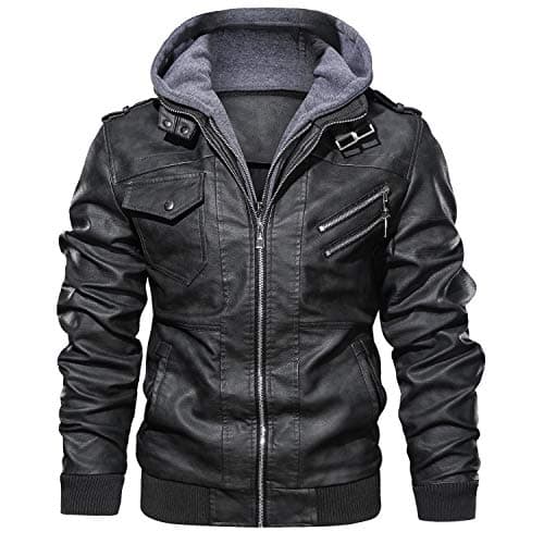 JYG Men's Faux Leather Stand Collar Motorcycle Bomber Jacket with Removable Hood