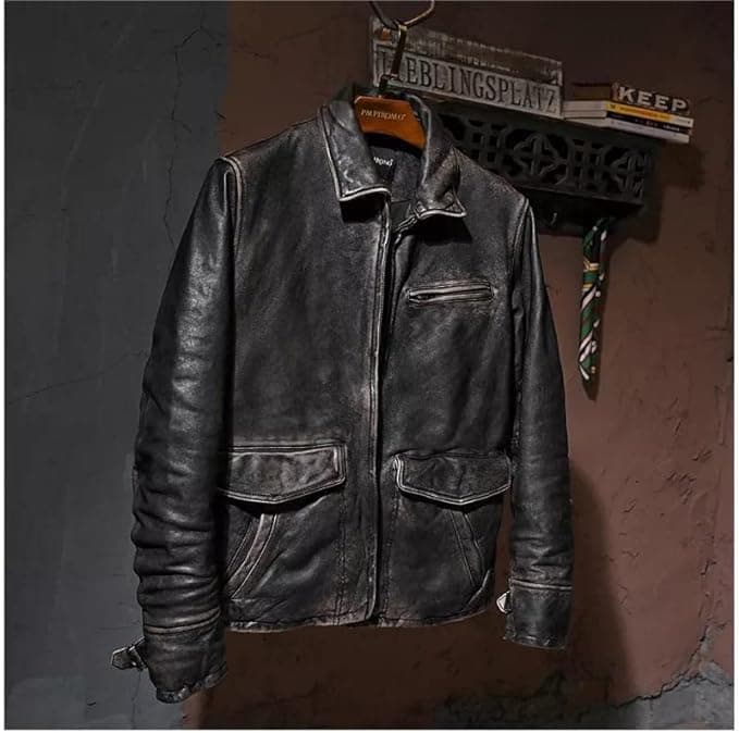 Vintage-Styled Mens Real Leather Biker Jacket with Distressed Exterior