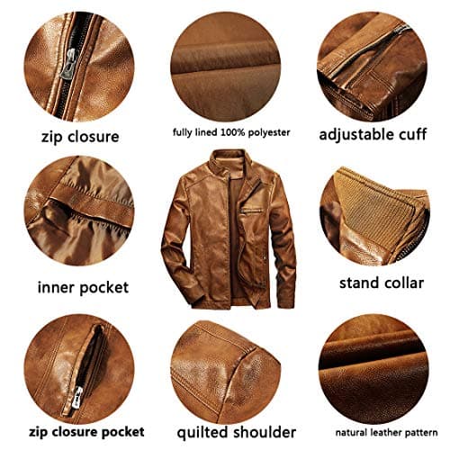 WULFUL Men's Lightweight Stand Collar Faux Leather Motorcycle Jacket