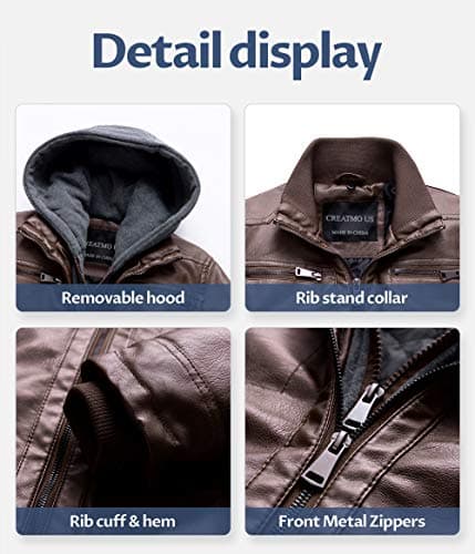 CREATMO US Men's Faux Leather Motorcycle Jacket Waterproof Windproof PU Moto Vintage Bomber Hoodie
| CREATMO US Men's Faux Leather Jacket with Removable Hood Vintage Moto Windproof PU Bomber
| CREATMO US Men's Faux Leather Moto Jacket Waterproof Win