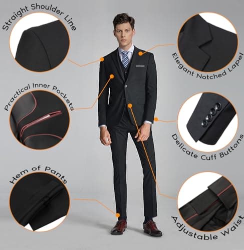 WOMS Mens Slim Fit 3 Piece Suit Set 2 Button Blazer Vest Pants