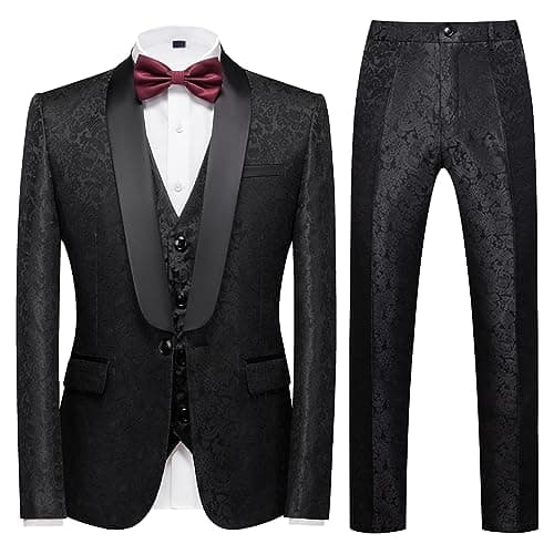 Kudoro Mens Slim Fit 3 Piece Tuxedo Suit Set for Prom Wedding Paisley Jacket Pants