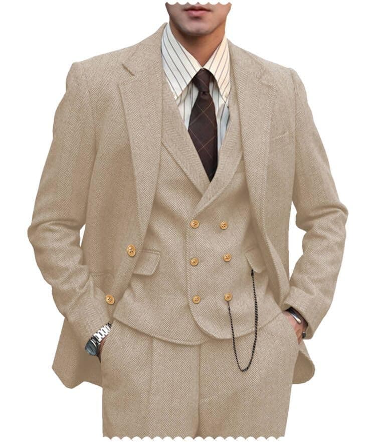 Tuikayoo Mens Formal Tweed Wool 3 Piece Slim Fit Suit Prom Tuxedo Groomsmen