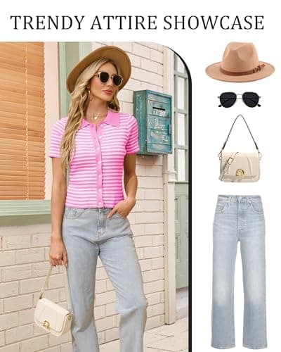 WULFUL Women's Short Sleeve Striped Pullover Cardigan Ribbed Knit V-Neck Top