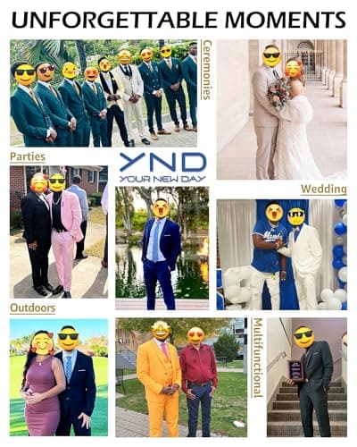 YND Men's Slim Fit 3 Piece Stretch Suit with One Button Blazer Pants, Party & Wedding