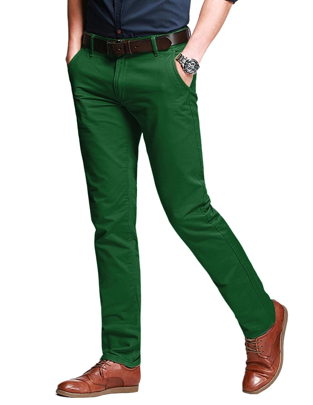 32 Size Men's Slim-Tapered Flat Front Grass Green Casual Pants