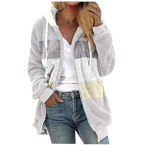 YMADREIG Women's Soft Fleece Sherpa Hooded Winter Jacket Color Block Pockets