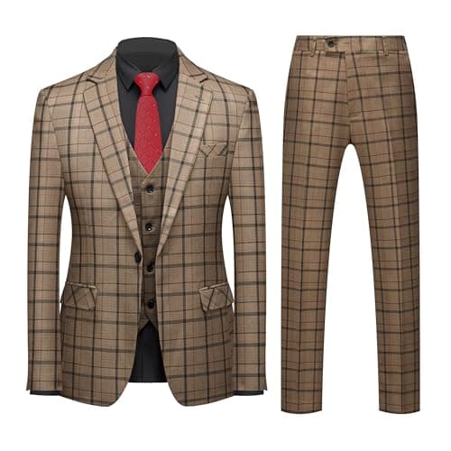 Mogue Men's 3-Piece Slim Fit Plaid Suit for Wedding, Prom, and Business
