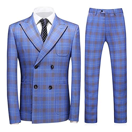 KUDORO Mens Slim Fit Double Breasted Plaid Suit Jacket-Vest Pants Set