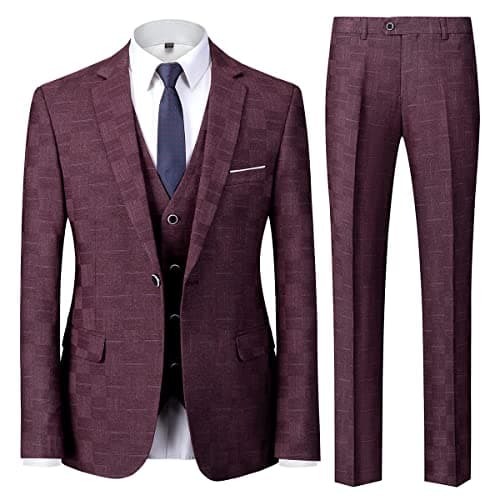 KUDMOL Mens Vintage Plaid Suit 3-Piece Casual Tuxedo for Weddings and Business Parties