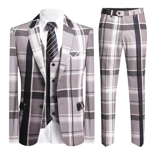 YFFUSHI Men's Plaid 3 Piece Suit Slim Fit Tuxedo
