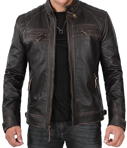 Men's Quilted Cafe Racer Leather Jacket by Blingsoul