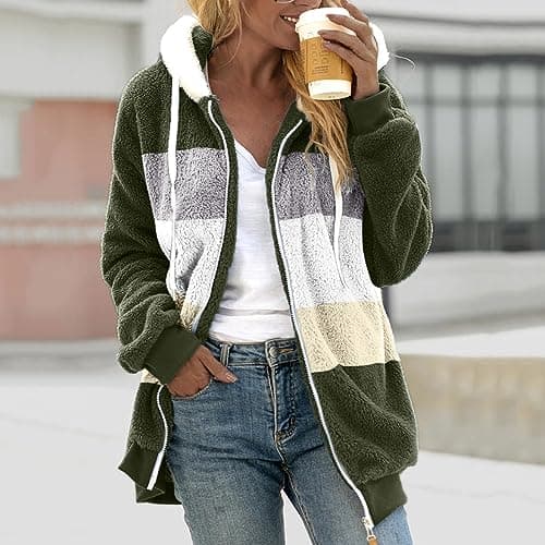 YMADREIG Women's Soft Fleece Sherpa Hooded Winter Jacket Color Block Pockets