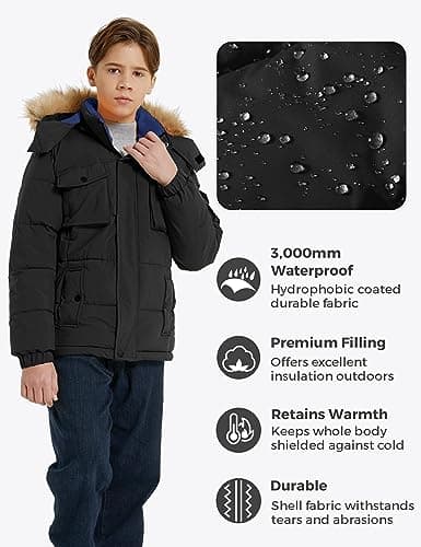 wantdo Boys' Warm Winter Waterproof Thick Puffer Jacket with Removable Hood