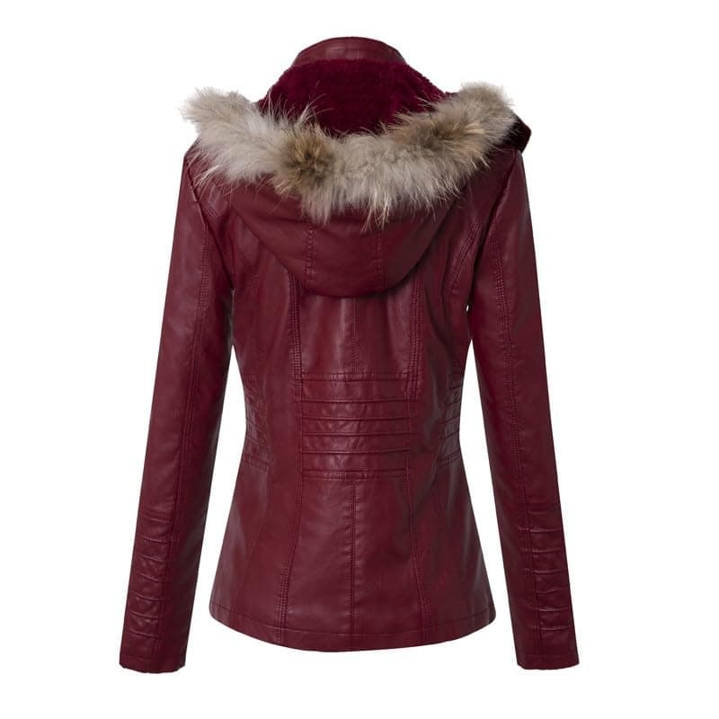 YMADREIG Women's Faux Leather Zip-Up Hooded Moto Jacket