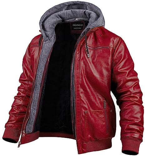 Men's Faux Leather Motorcycle Jacket with Removable Hood
