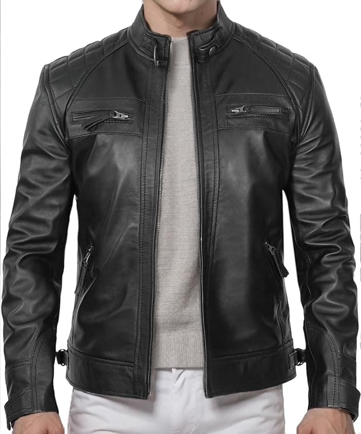 DECIMAL Men's Black Genuine Lambskin Leather Biker Jacket