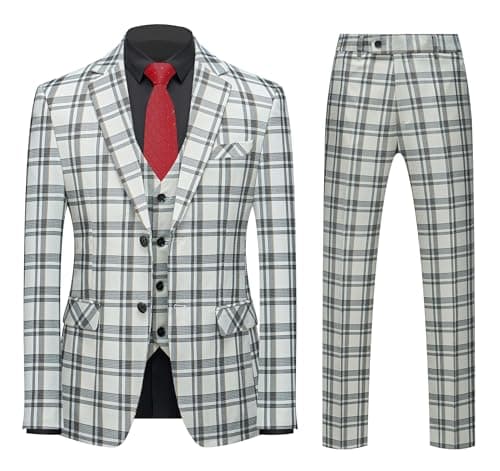 Mogue Men's 3-Piece Slim Fit Plaid Suit for Wedding, Prom, and Business