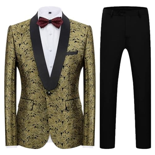 KUDORO Mens Slim Fit Formal Floral Tuxedo Suit Set for Wedding Dinner Party