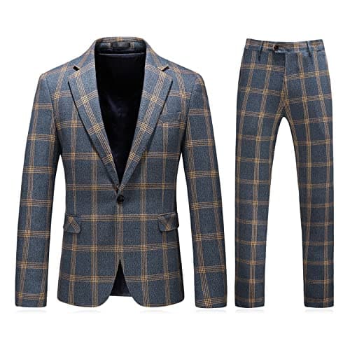 Kudoro Mens Plaid Slim Fit Tuxedo Suit Casual Blazer Pants for Weddings Business