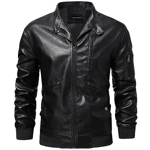 WULFUL Men's Lightweight Bomber Jacket - Faux Leather Stand Collar