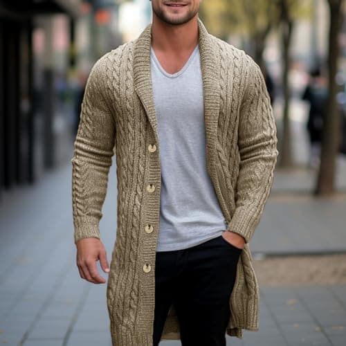 Men's Casual Long Sleeve Knit Cardigan Sweater Open Front Shawl Collar