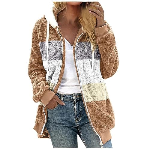 YMADREIG Women's Soft Fleece Sherpa Hooded Winter Jacket Color Block Pockets