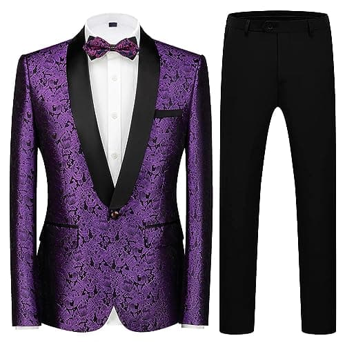 KUDORO Mens Slim Fit Formal Floral Tuxedo Suit Set for Wedding Dinner Party