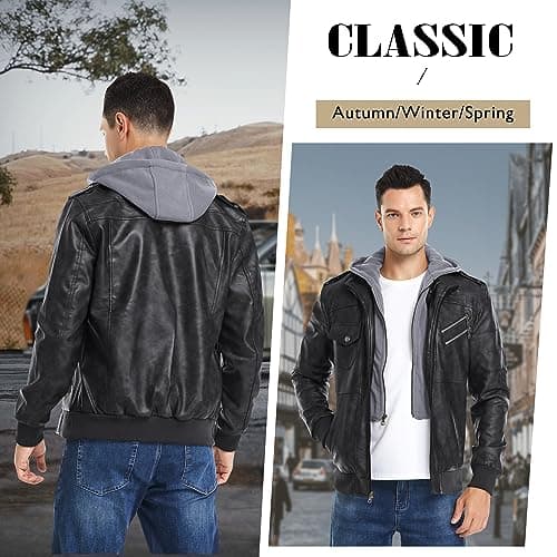 Men's Faux Leather Motorcycle Jacket with Removable Hood